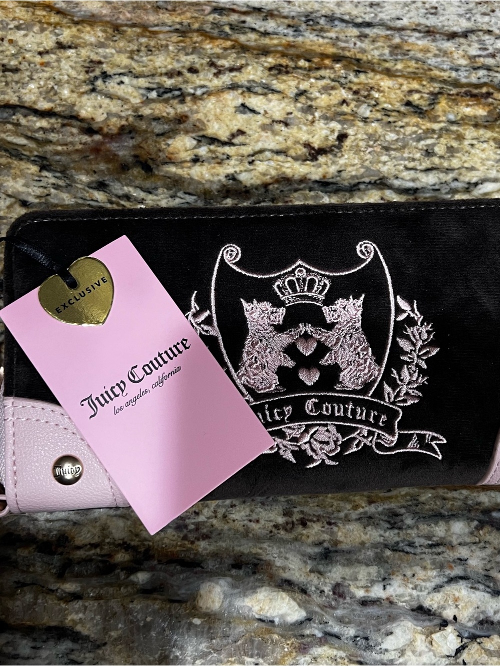 Juicy Couture Black Velvet Wallet with Pink Embroidered Crest